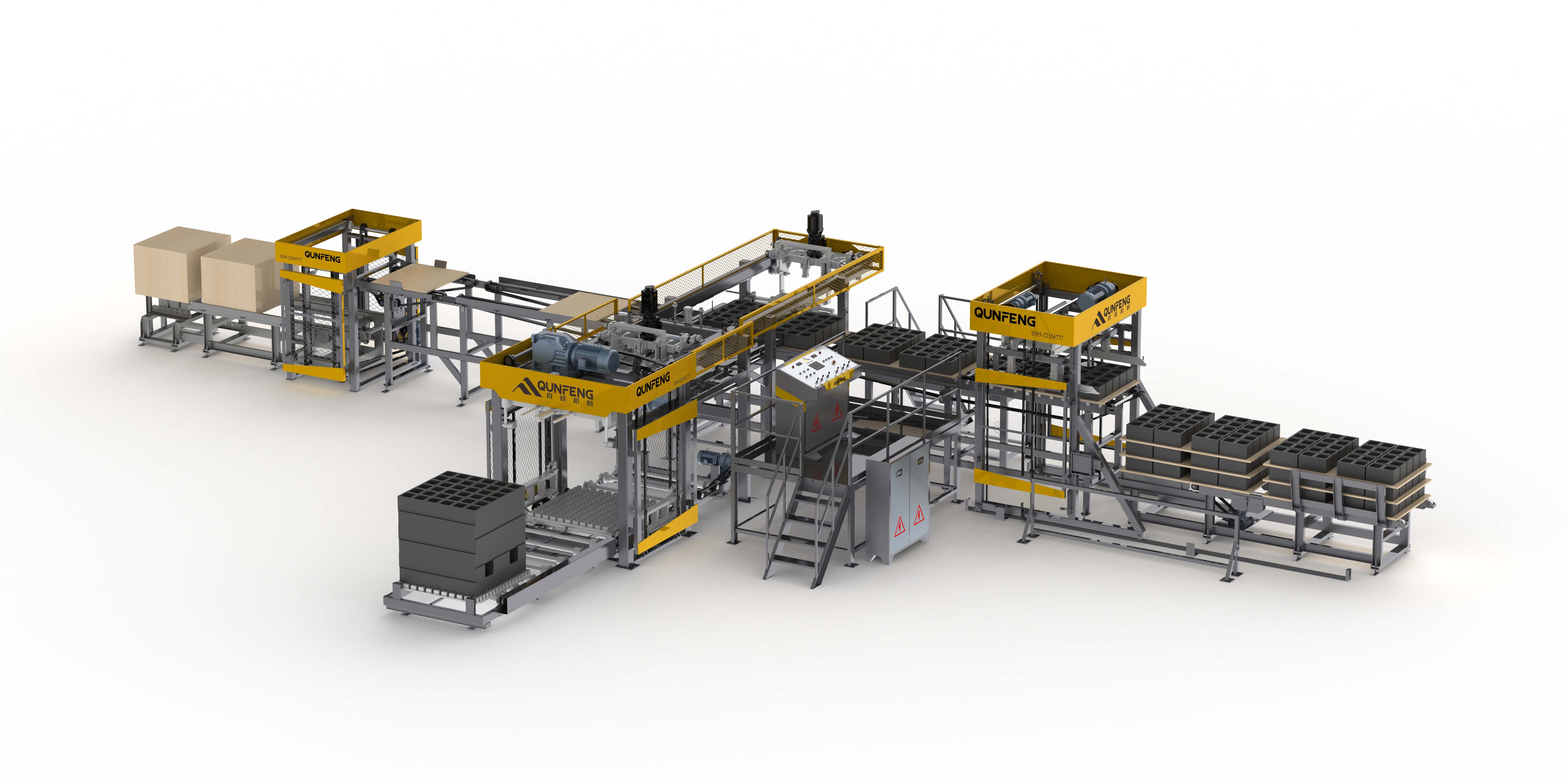 Vista frontal del sistema de paletizado de posici&oacute;n baja QMD1200D para bloques de hormig&oacute;n